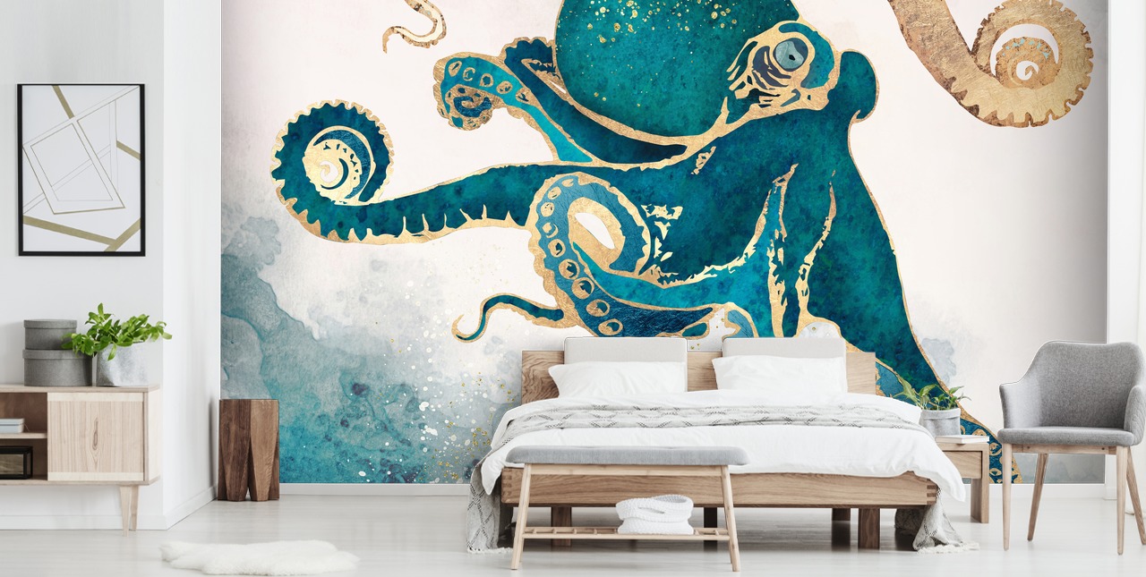 mural de papel de parede de polvo verde-azulado e dourado chamado Underwater Dream V da SpaceFrog Designs para quartos e banheiros mural de papel de parede de polvo verde-azulado e dourado chamado Underwater Dream V da SpaceFrog Designs para quartos e banheiros