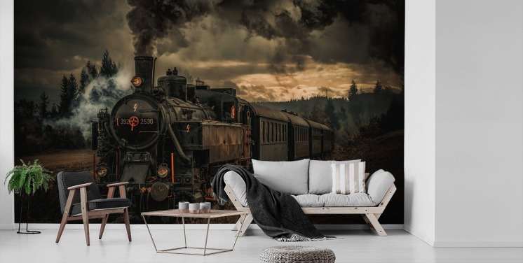 mural de papel pintado oscuro de un tren de vapor llamado Gold Digger Train de 1x Photography