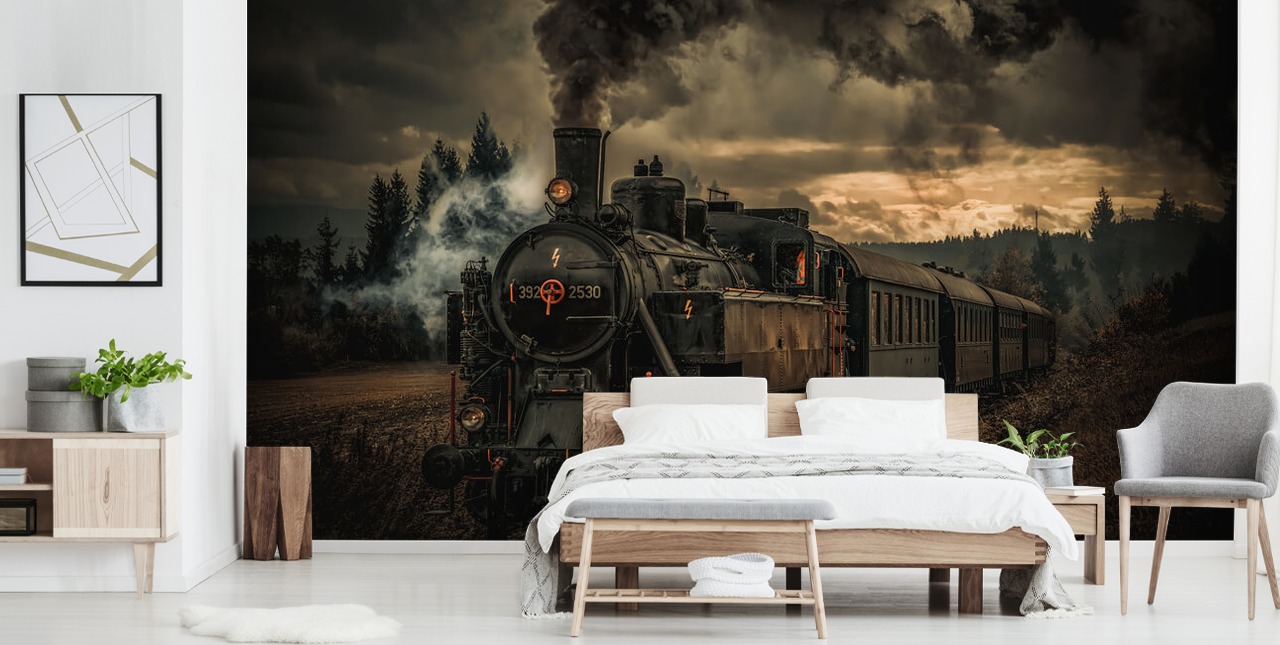 tumma höyryjunan taustakuvamaalaus nimeltä Gold Digger Train 1x Photographystä