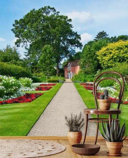 grön anpassad trädgårdslandskapstapetväggmålning kallad English Country Garden för vårdhem och kontor grön anpassad trädgårdslandskapstapetväggmålning kallad English Country Garden för vårdhem och kontor