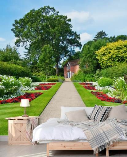 grønt brugerdefineret havelandskabstapetmaleri kaldet English Country Garden til plejehjem og kontorer grønt brugerdefineret havelandskabstapetmaleri kaldet English Country Garden til plejehjem og kontorer
