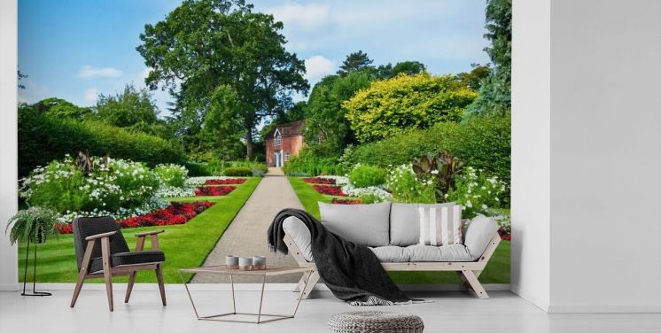 grünes kundenspezifisches Gartenlandschaftstapeten-Wandbild namens English Country Garden für Pflegeheime und Büros 
