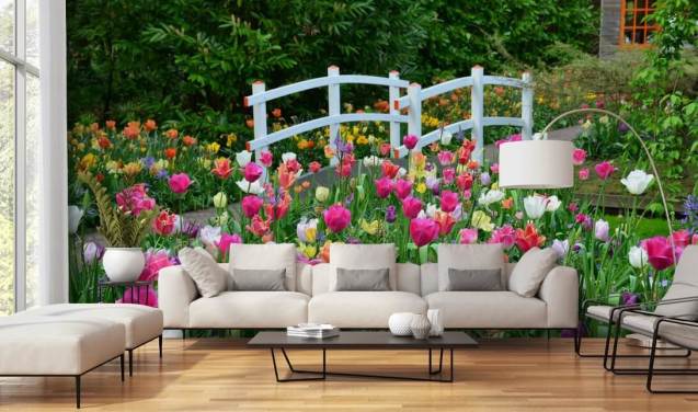 colourful garden wallpaper mural called Keukenhof Tulips for dining rooms and bedrooms