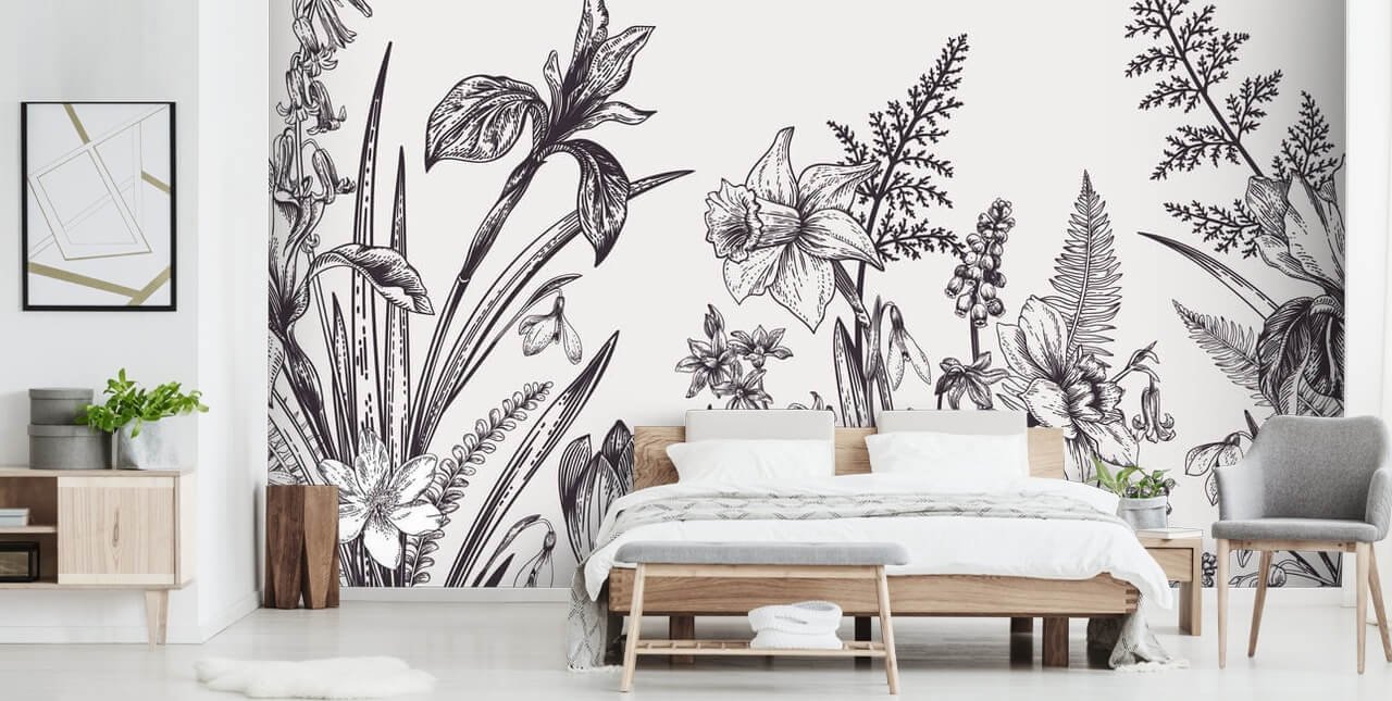 papel de parede de ilustração floral preto e branco