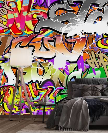 farverigt graffiti tapet vægmaleri kaldet Urban Graffiti Art til soveværelser farverigt graffiti tapet vægmaleri kaldet Urban Graffiti Art til soveværelser