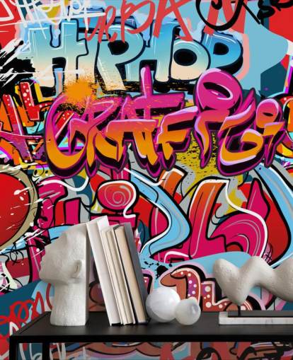 färgglad anpassad graffiti tapetväggmålning kallad Hip Hop Graffiti för tonåringens sovrum färgglad anpassad graffiti tapetväggmålning kallad Hip Hop Graffiti för tonåringens sovrum
