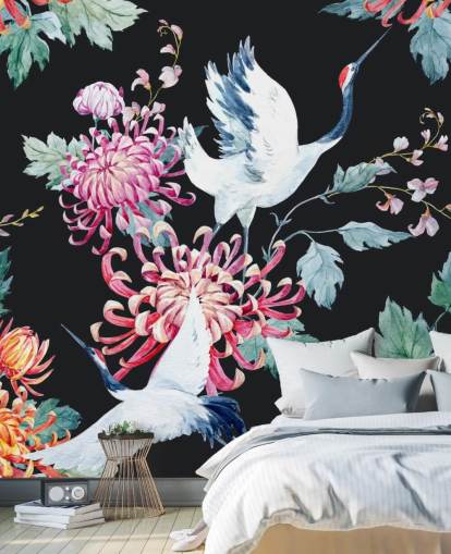 white japanese cranes and dark floral wallpaper white japanese cranes and dark floral wallpaper