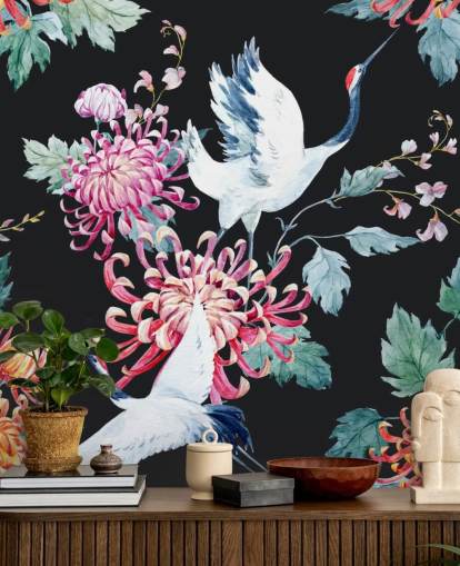 white japanese cranes and dark floral wallpaper white japanese cranes and dark floral wallpaper