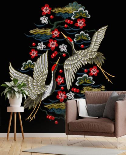 embroidered pair of cranes and flowers on black background wallpaper embroidered pair of cranes and flowers on black background wallpaper
