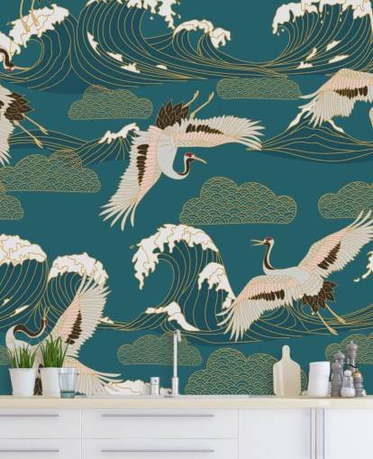 pink and white cranes with teal green ocean background wallpaper pink and white cranes with teal green ocean background wallpaper