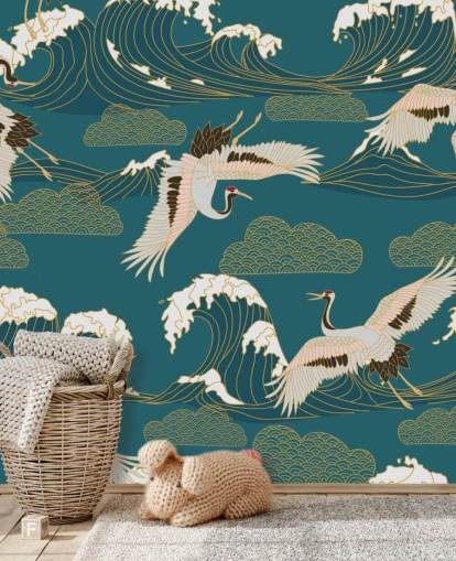 pink and white cranes with teal green ocean background wallpaper pink and white cranes with teal green ocean background wallpaper