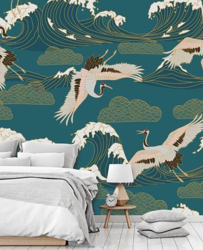 guindastes rosa e branco com papel de parede de fundo verde oceano verde-azulado guindastes rosa e branco com papel de parede de fundo verde oceano verde-azulado