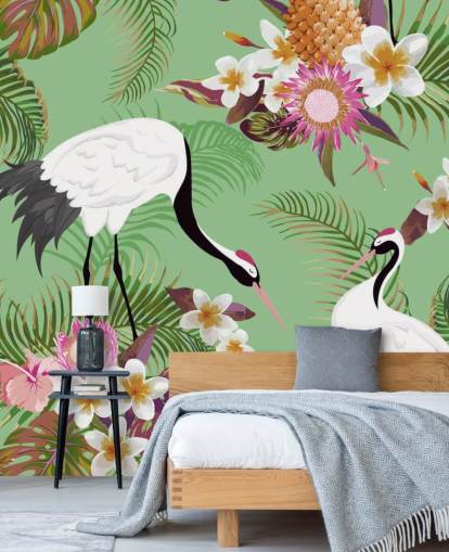 kaksi nosturia trooppinen lehdet ja vihreä tausta taustakuva kaksi nosturia trooppinen lehdet ja vihreä tausta taustakuva