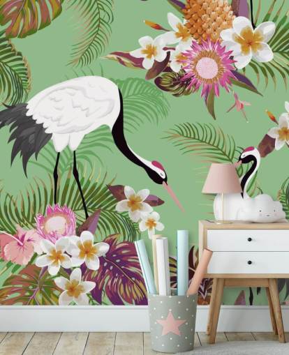 two cranes with tropical foliage and green background wallpaper two cranes with tropical foliage and green background wallpaper