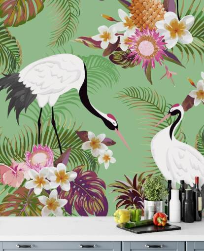 two cranes with tropical foliage and green background wallpaper two cranes with tropical foliage and green background wallpaper