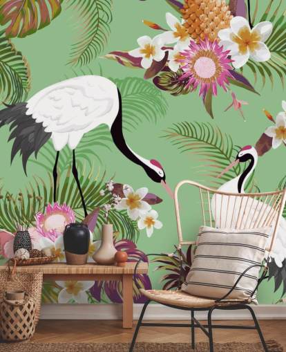 two cranes with tropical foliage and green background wallpaper two cranes with tropical foliage and green background wallpaper