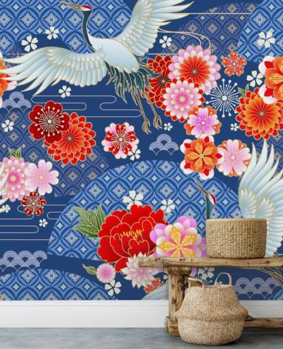 guindastes e flores brilhantes contra papel de parede de paisagem azul estampado guindastes e flores brilhantes contra papel de parede de paisagem azul estampado