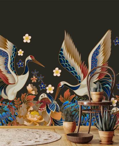 mandarin ducks and cranes with orange and blue florals wallpaper mandarin ducks and cranes with orange and blue florals wallpaper