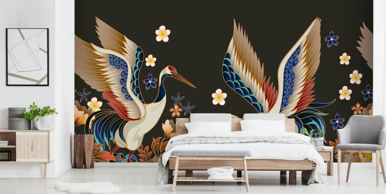 mandarin ducks and cranes with orange and blue florals wallpaper mandarin ducks and cranes with orange and blue florals wallpaper