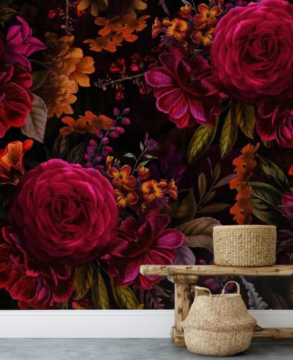 carta da parati scura con rose rosse e fiori arancioni carta da parati scura con rose rosse e fiori arancioni