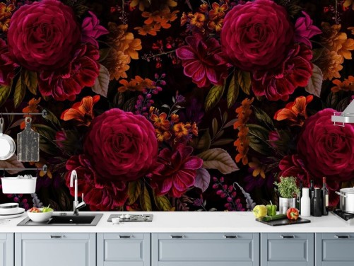 røde roser og oransje blomster mørk bakgrunn
