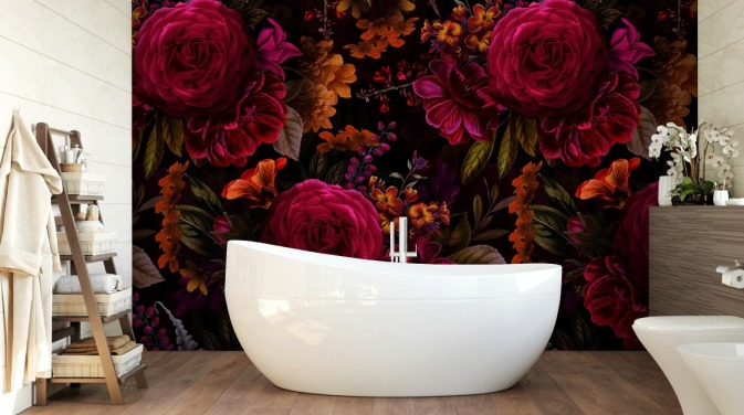 röda rosor och orange blommor mörk tapet