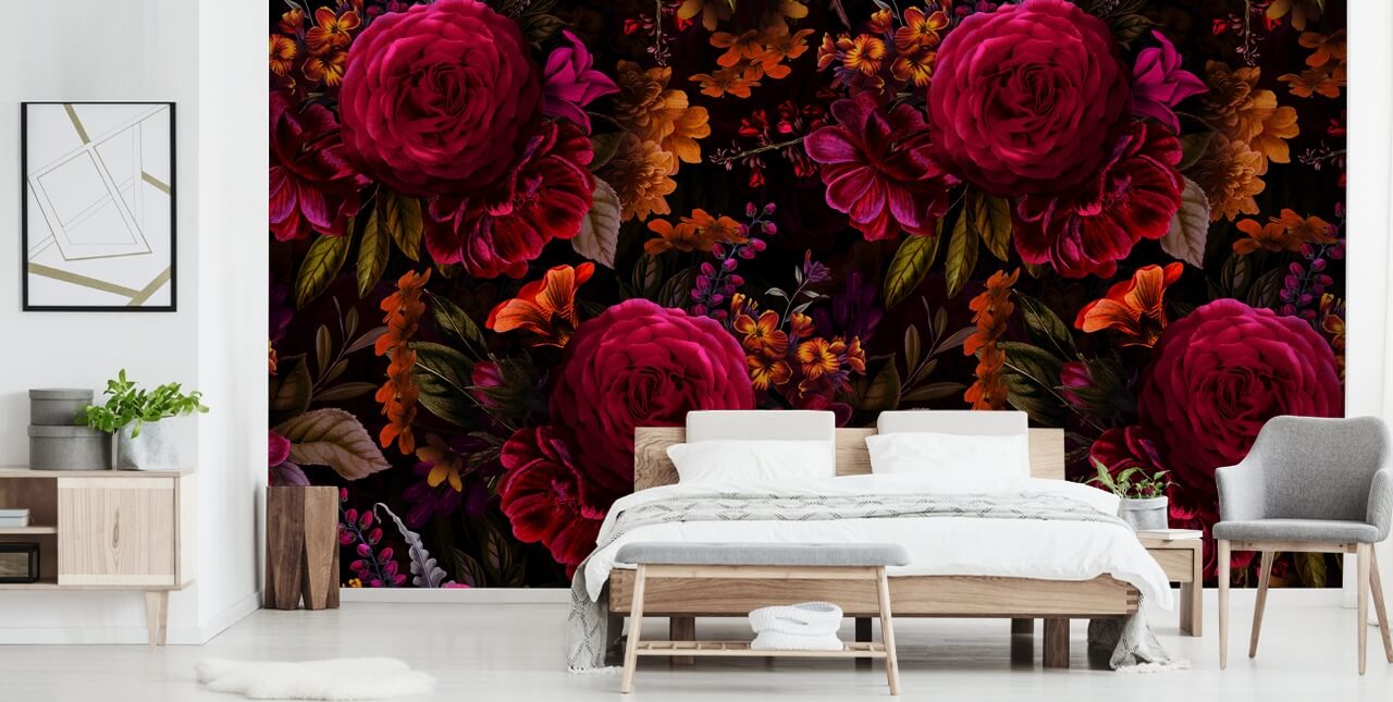 red roses and orange florals dark wallpaper