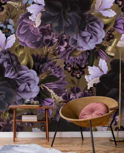 flores de peonía de color púrpura oscuro y morado claro sobre papel tapiz de fondo verde caqui flores de peonía de color púrpura oscuro y morado claro sobre papel tapiz de fondo verde caqui