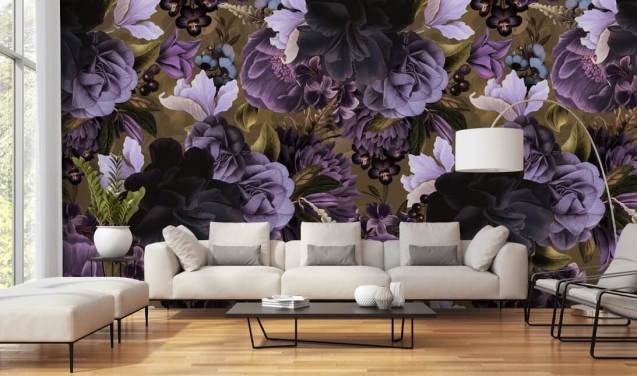 dark purple and light purple peony flowers on khaki green background wallpaper