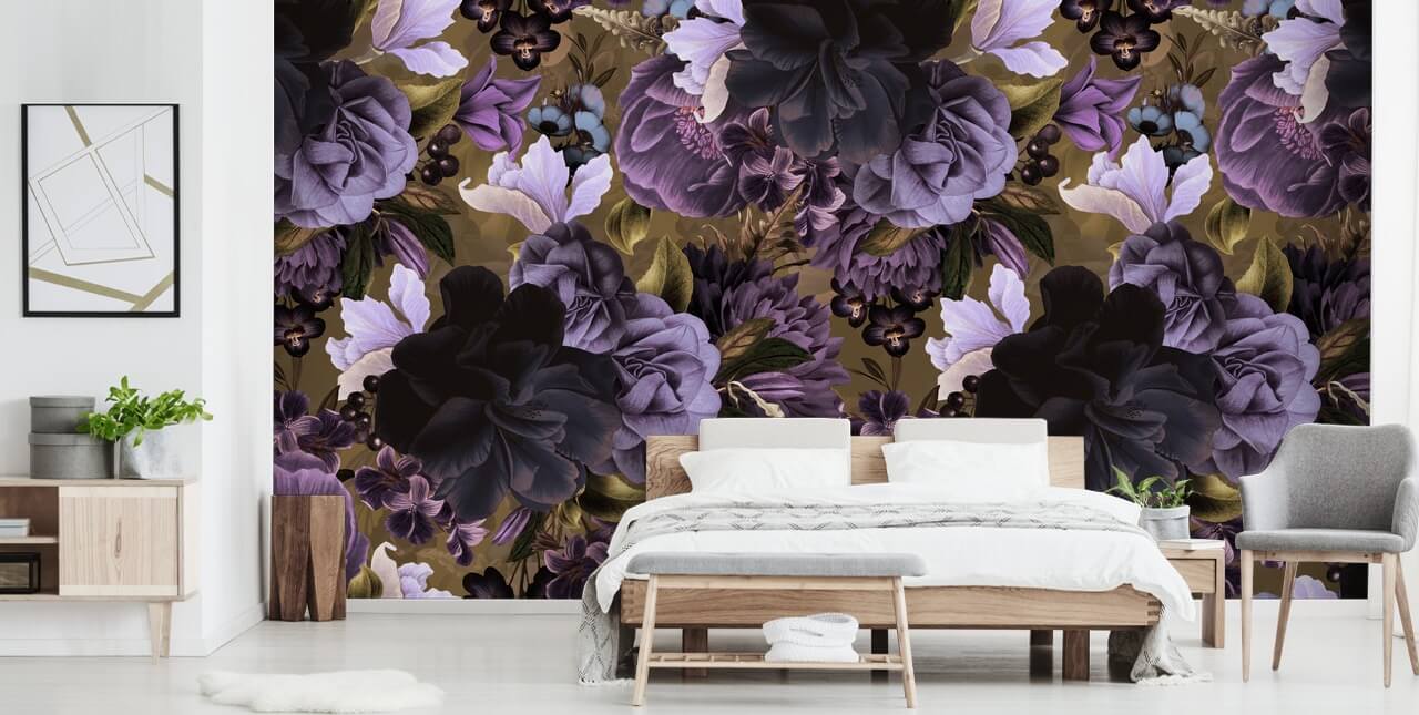 flores de peônia roxas escuras e roxas claras no papel de parede de fundo verde cáqui flores de peônia roxas escuras e roxas claras no papel de parede de fundo verde cáqui