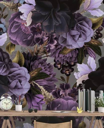 papel de parede floral roxo escuro com fundo cinza papel de parede floral roxo escuro com fundo cinza
