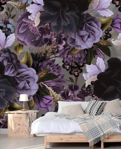 papel pintado floral morado oscuro con fondo gris papel pintado floral morado oscuro con fondo gris