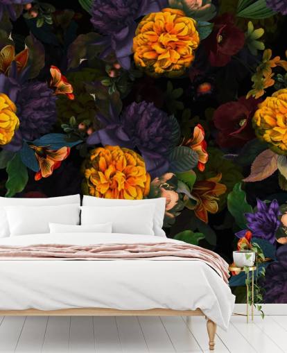 lyse oransje nellik blomster med lilla og grønt løvverk på en mørk bakgrunn tapet lyse oransje nellik blomster med lilla og grønt løvverk på en mørk bakgrunn tapet