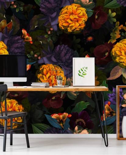 bright orange carnation flowers with purple and green foliage on a dark background wallpaper bright orange carnation flowers with purple and green foliage on a dark background wallpaper