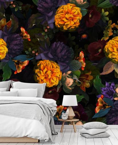 ljusa orange nejlika blommor med lila och grönt lövverk på en mörk bakgrund tapeter ljusa orange nejlika blommor med lila och grönt lövverk på en mörk bakgrund tapeter