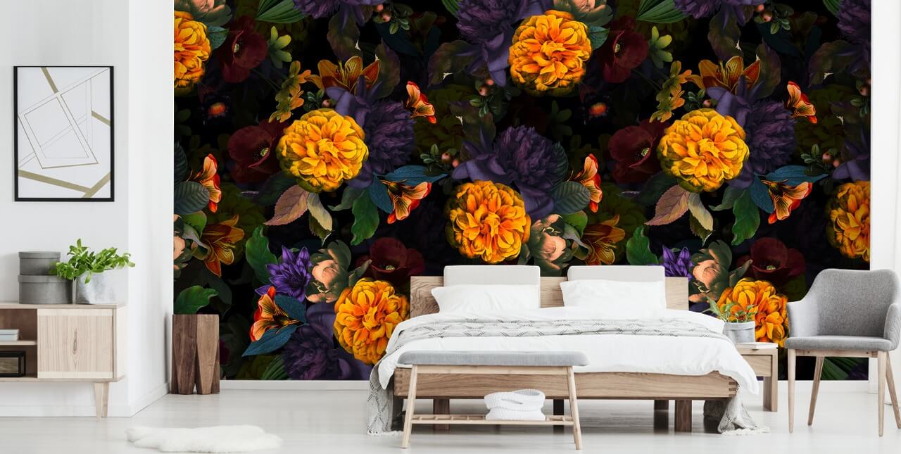 bright orange carnation flowers with purple and green foliage on a dark background wallpaper bright orange carnation flowers with purple and green foliage on a dark background wallpaper