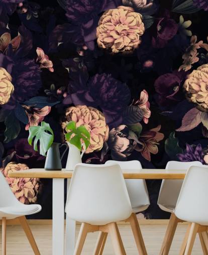 mørk pink og navy løv med lys rosa nellike blomster tapet mørk pink og navy løv med lys rosa nellike blomster tapet