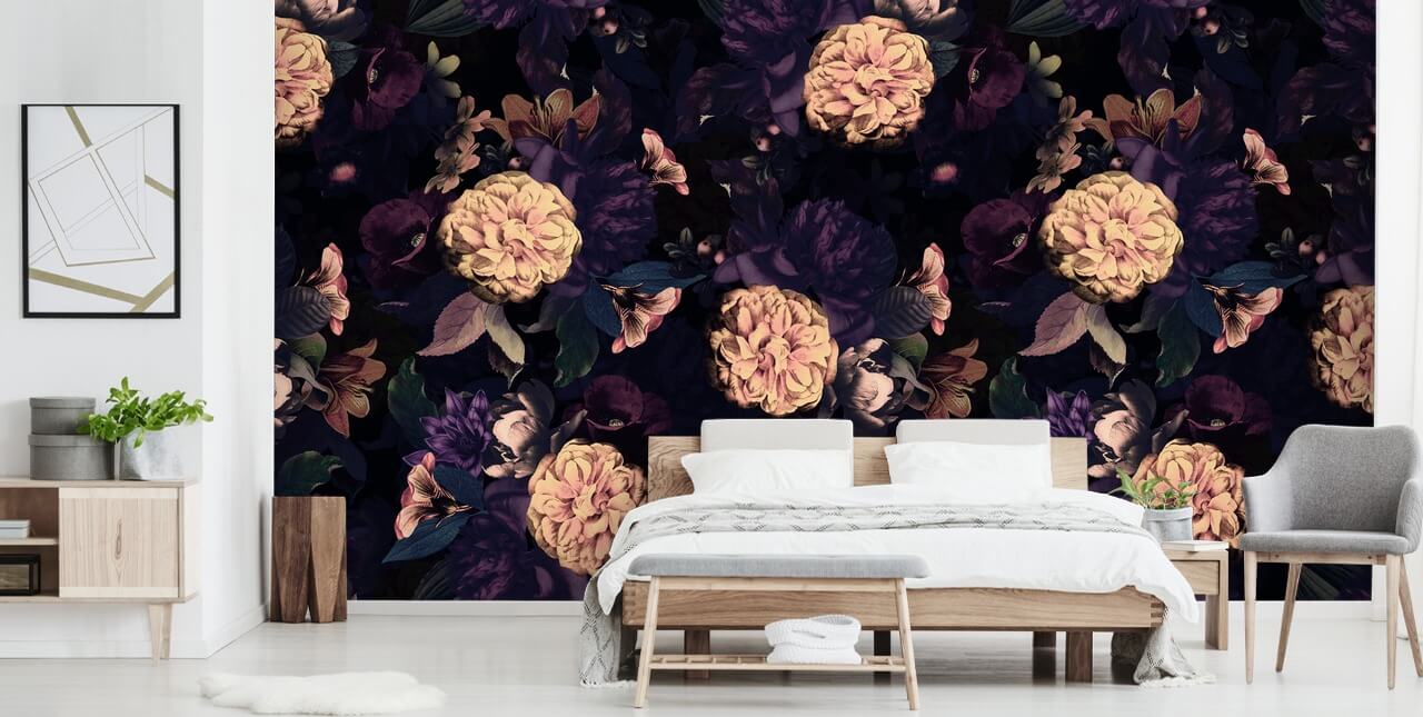 mørk pink og navy løv med lys rosa nellike blomster tapet