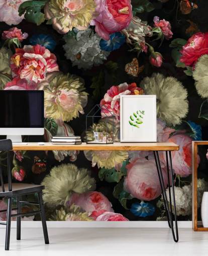 rosa rose og sommerfugl mørk floral tapet rosa rose og sommerfugl mørk floral tapet