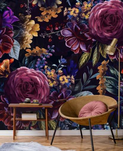papier peint à fleurs violet foncé et rose papier peint à fleurs violet foncé et rose
