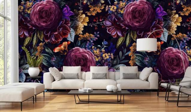 donkerpaarse en roze bloemenbehang
