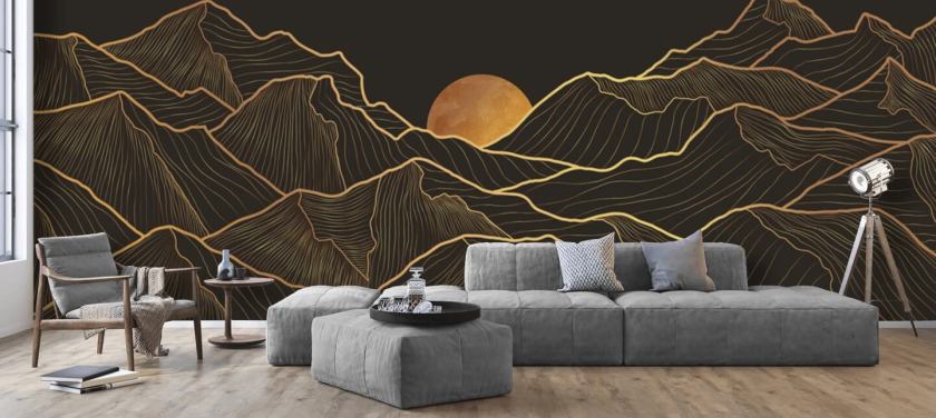 zwart en goud berglijn kunst behang