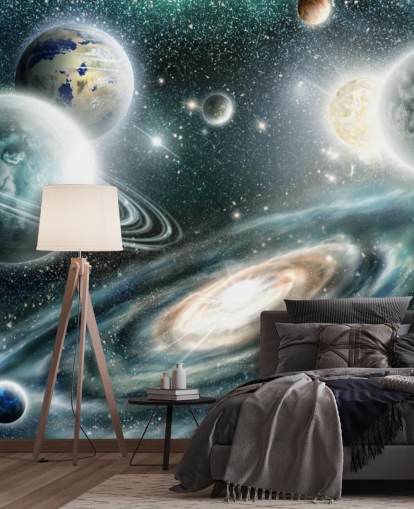Blue and grey space wallpaper with a spiral galaxy and loating plants with stars wallpaper Blue and grey space wallpaper with a spiral galaxy and loating plants with stars wallpaper