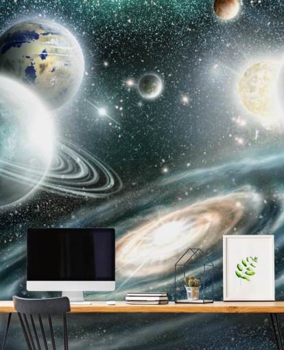 Papel de parede espacial azul e cinza com uma galáxia espiral e papel de parede de plantas flutuantes com estrelas Papel de parede espacial azul e cinza com uma galáxia espiral e papel de parede de plantas flutuantes com estrelas