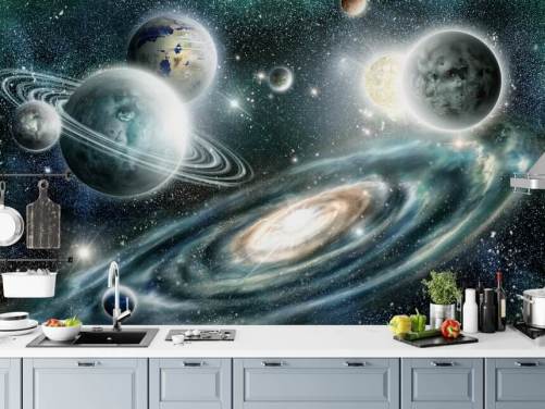Blaue und graue Weltraumtapete mit einer Spiralgalaxie und schwimmenden Pflanzen mit Sternen-Tapete