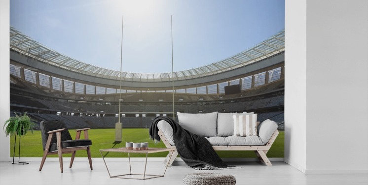 ljus anpassad rugby tapetväggmålning som heter Sunny Rugby Stadium för pojkens sovrum