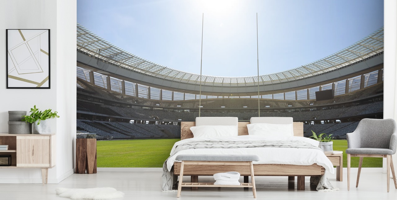 bright custom rugby wallpaper mural called Sunny Rugby Stadium for boy's bedroom