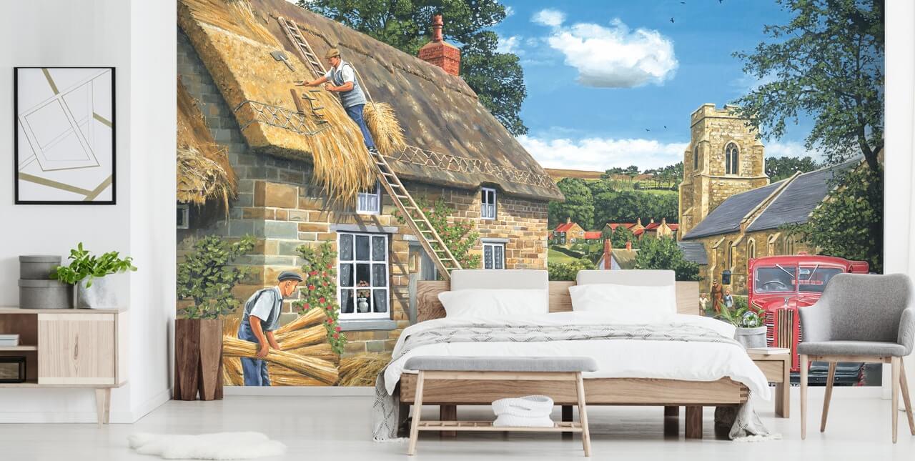 bygherrer gør en stråtækt sommerhus tag tapet