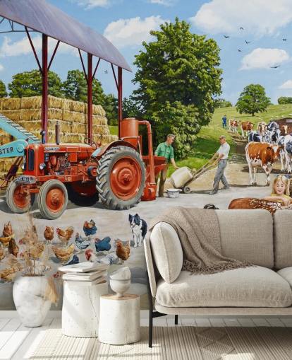 farmyard with chickens, cows and farmer's family wallpaper farmyard with chickens, cows and farmer's family wallpaper