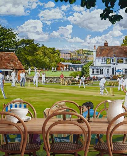 painting of cricket green and people watching in deck chairs wallpaper painting of cricket green and people watching in deck chairs wallpaper